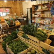 Intérieur d'une boutique de ferme rustique proposant des légumes frais et des produits biologiques issus de l'agriculture biodynamique de la ferme du Geissberg à Biederthal, en circuit court et dans le respect de la nature.