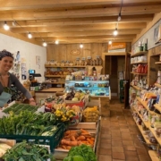Intérieur d'une épicerie de la ferme du Geissberg à Biederthal, avec des produits frais issus de l'agriculture biodynamique disposés en rayon et un vendeur en circuit court derrière le comptoir.