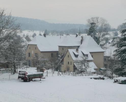 Ferme du Geissberg à Biederthal sous la neige, domaine rural en hiver avec maisons et arbres enneigés, agriculture biodynamique en circuit court au cœur de la nature alsacienne.