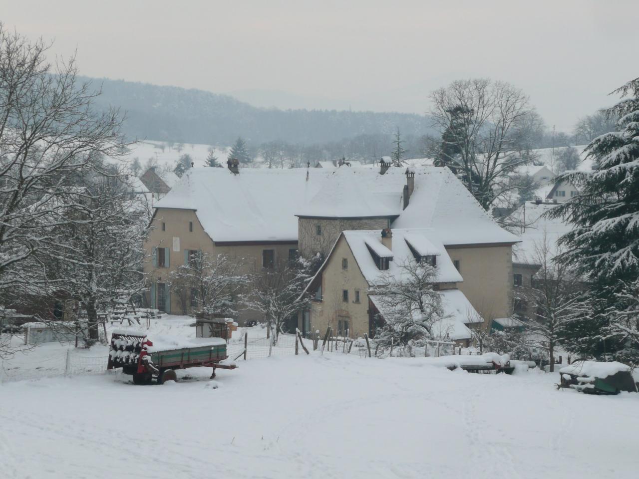 Ferme du Geissberg à Biederthal sous la neige, domaine rural en hiver avec maisons et arbres enneigés, agriculture biodynamique en circuit court au cœur de la nature alsacienne.