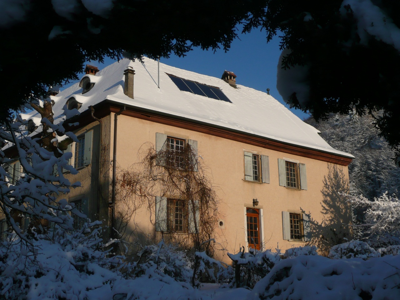 Ferme du Geissberg à Biederthal en hiver : maison enneigée entourée d'arbres dépouillés sous un ciel bleu dégagé, au cœur d'un environnement naturel préservé.