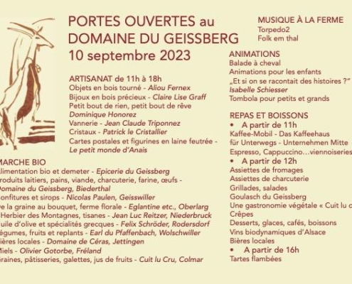 Flyer de présentation des portes ouvertes de la ferme du Geissberg à Biederthal, avec marché artisanal, produits biologiques et biodynamiques en circuit court, animations musicales et activités familiales, dans le respect de la nature.